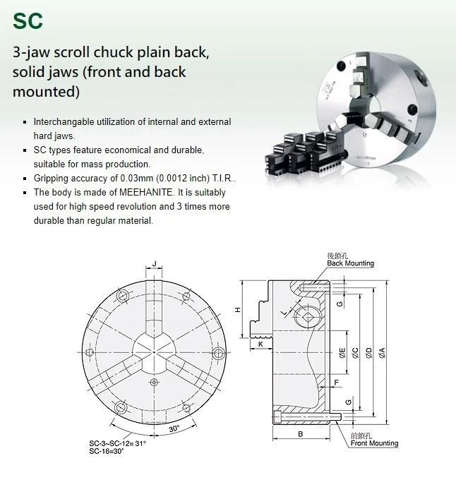 Strong SC Series 3 Jaw Recess Mounting Lathe Chucks